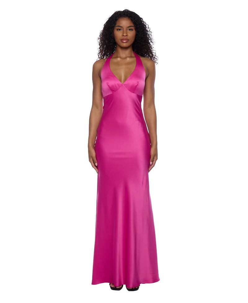 Alex & Sophia Juniors' Satin V-Neck Halter Gown