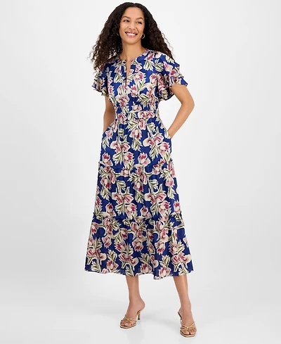 julia jordan Women's Printed Tiered-Short-Sleeve Dress