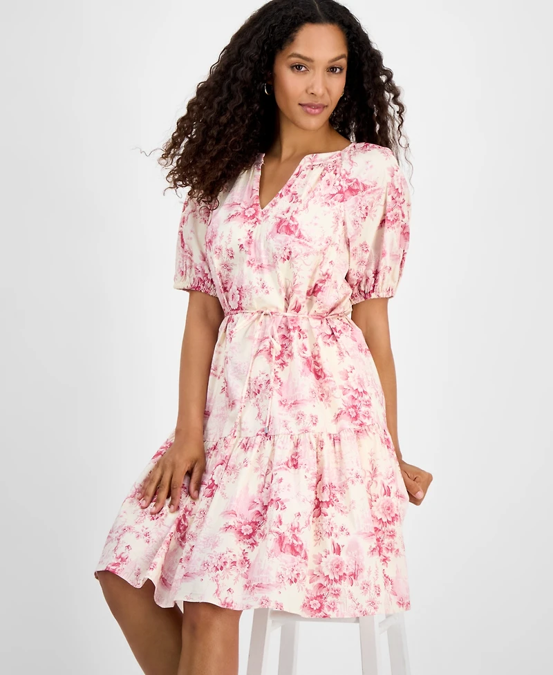 julia jordan Women's Printed Short-Bubble-Sleeve Tie-Waist Dress