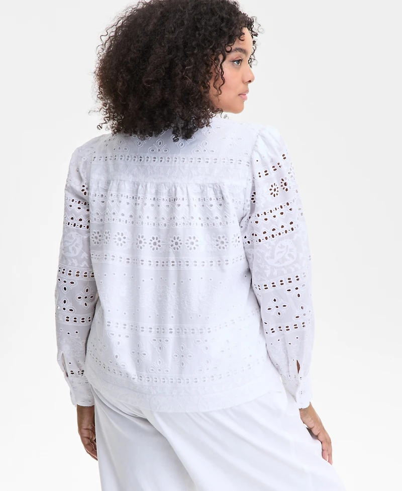 I.n.c. International Concepts Plus Cotton Eyelet-Embroidered Blouse, Exclusively at Macy's