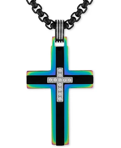 Esquire Men's Jewelry Diamond Rainbow Cross 22" Pendant Necklace (1/10 ct. t.w.) in Black & Rainbow Anodized Ion-Plated Stainless Steel, Exclusively a
