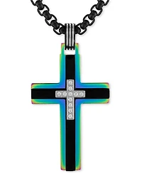 Esquire Men's Jewelry Diamond Rainbow Cross 22" Pendant Necklace (1/10 ct. t.w.) in Black & Rainbow Anodized Ion-Plated Stainless Steel, Exclusively a