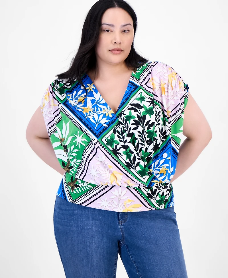 INC Plus Printed Ruched Surplice-Neck Top, Exclusively at Macy's