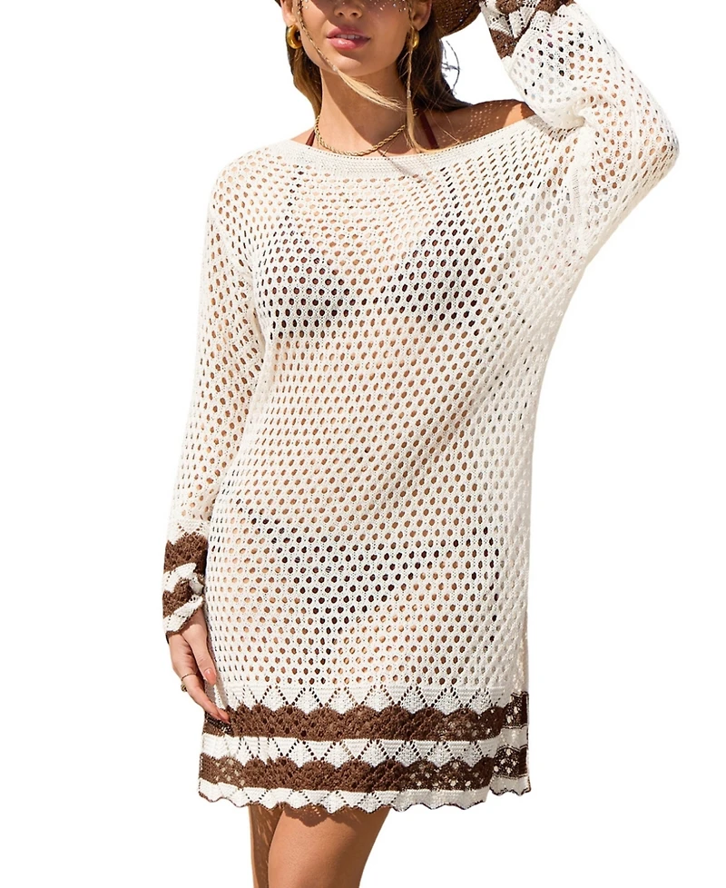 Cupshe Women's Beach Sand Stripes Beige Cover-Up Mini Dress