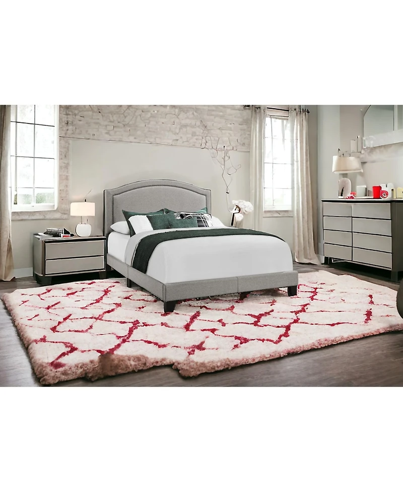 Elegant Solid Wood Bed Frame with Upholstered Linen and Nailhead Accents