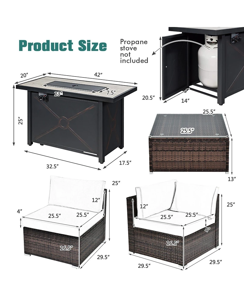 Gymax 7PCS Patio Rattan Furniture Set Fire Pit Table Cover Cushion