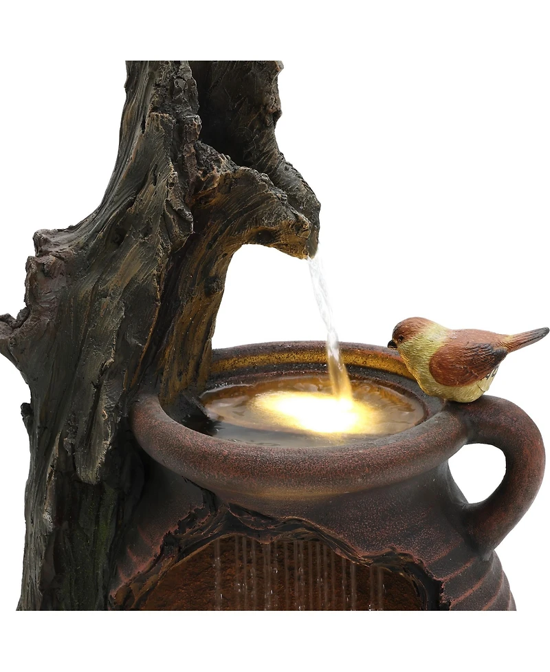 LuxenHome Rain Barrel with Tree and Birds 2.5-Feet Tall Outdoor Polyresin Fountains with Light