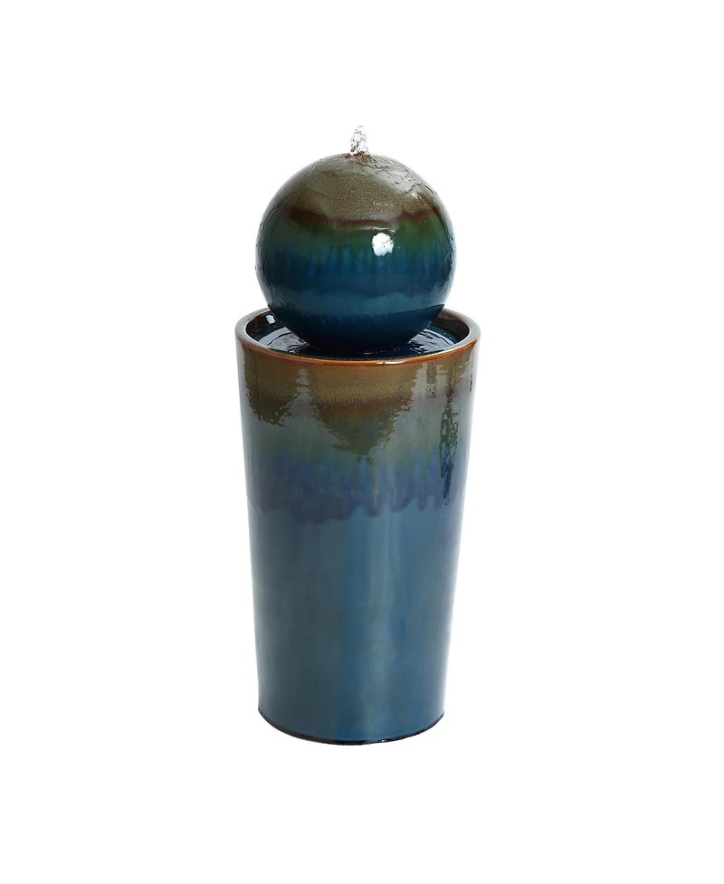 LuxenHome Glazed Blue and Brown Duo-Tone Sphere on Round Pillar Bubbler 30-Inch Tall Ceramic Fountain