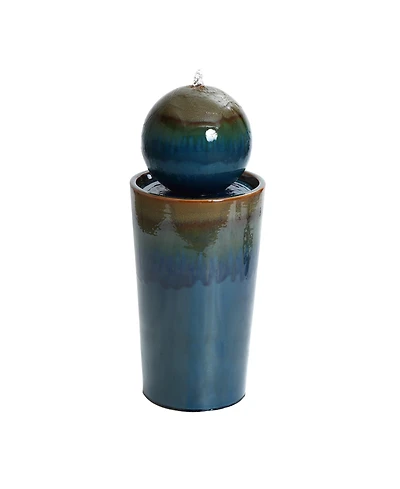 LuxenHome Glazed Blue and Brown Duo-Tone Sphere on Round Pillar Bubbler 30-Inch Tall Ceramic Fountain