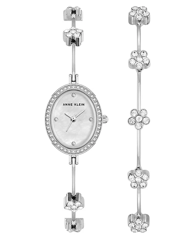 Anne Klein Women's Quartz Delicate Crystal Flower Silver-Tone Stainless Steel Bracelet Watch Set, 19mm