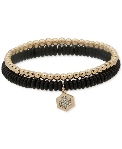 Dkny Gold-Tone 2-Pc. Set Pave Hexagon Charm Beaded Stretch Bracelets