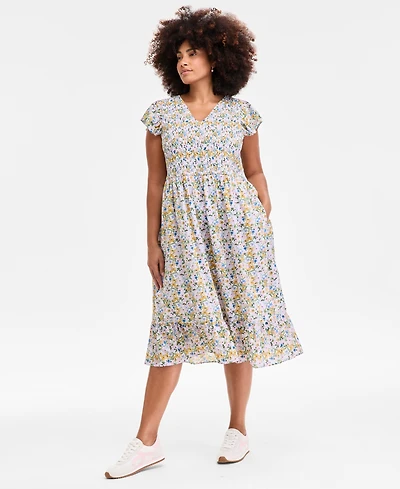 On 34th Plus Printed Flutter-Sleeve Smocked Midi Dress, Exclusively at Macy's