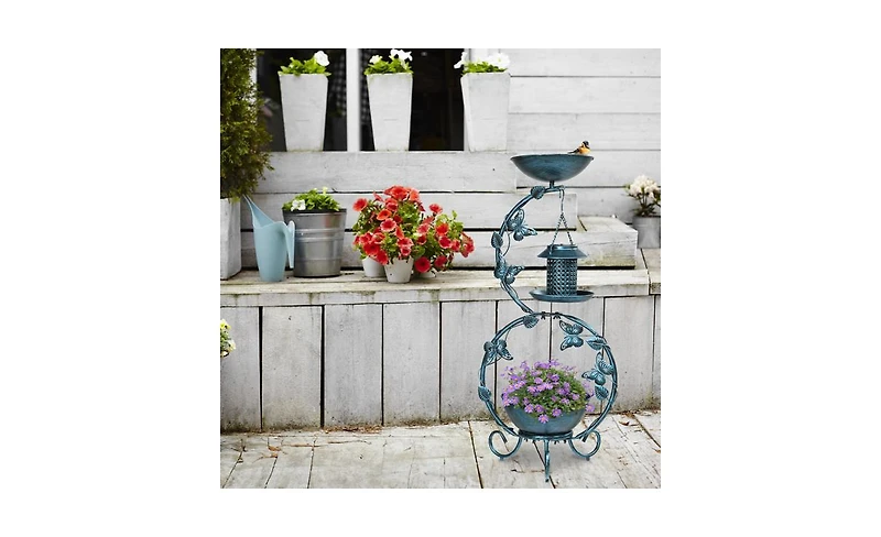 Bird Bath and Solar Feeders Combo with Flower Planter Pedestal