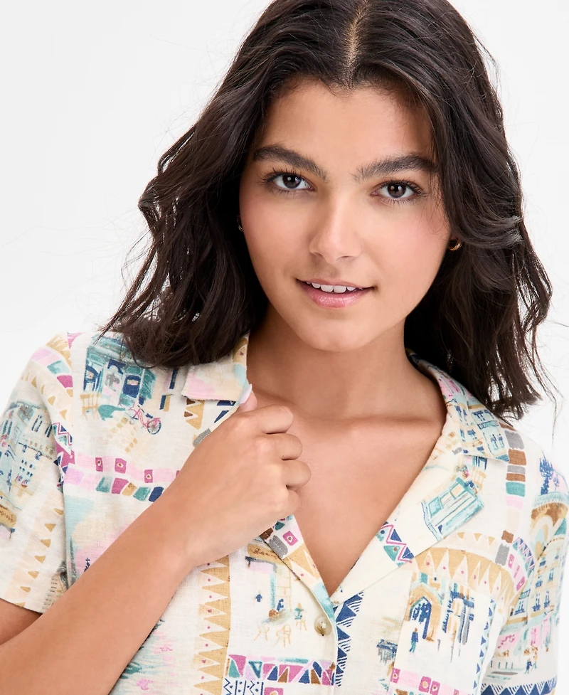 Lucky Brand Women's Printed Linen-Blend Camp Shirt