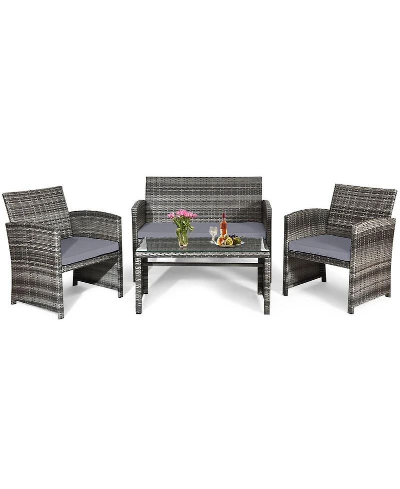 4PCS Patio Rattan Furniture Set Conversation Glass Table Top