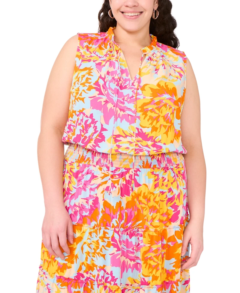 Msk Plus Split-Neck Sleeveless Tiered Challis Maxi Dress