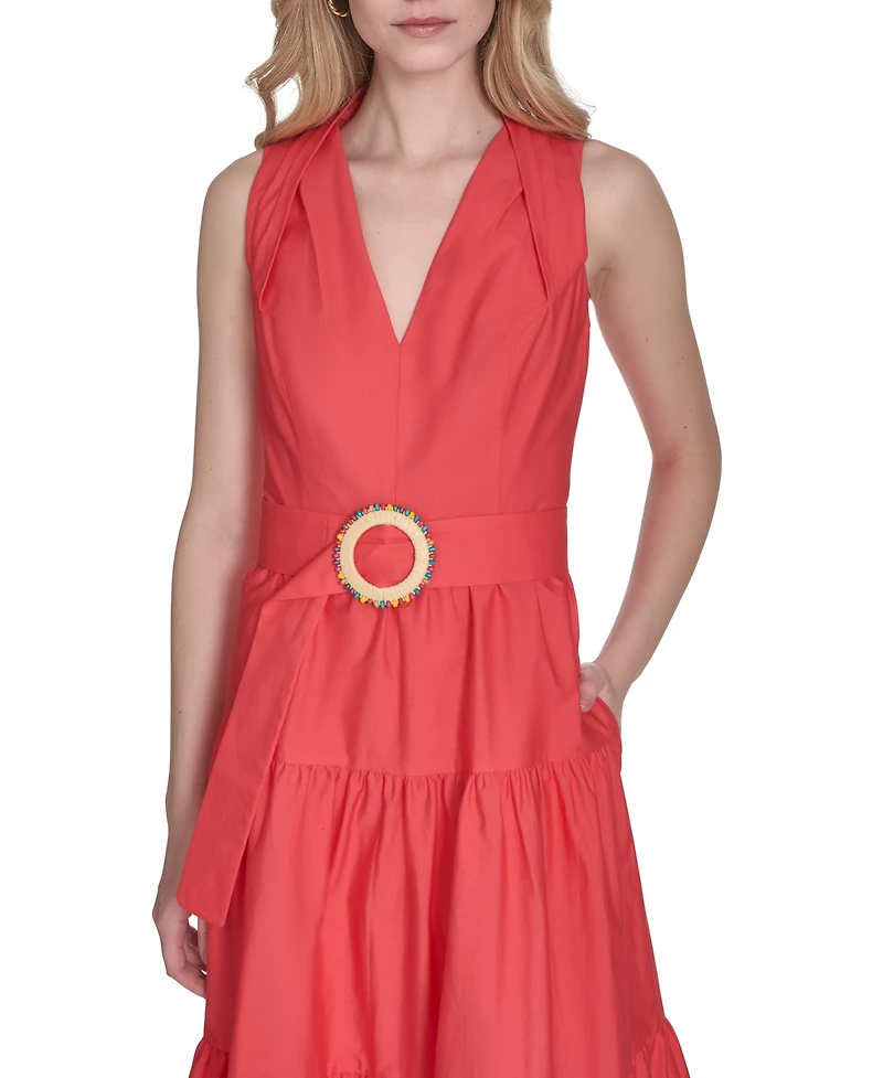 Vince Camuto Petite Cotton Belted Sleeveless Tiered Midi Dress