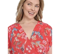 Eliza J Plus Printed V-Neck Faux-Wrap Chiffon Dress