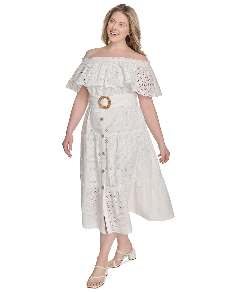 Eliza J Plus Eyelet Off-The-Shoulder Belted Midi Dress