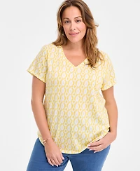 Style & Co Plus Printed V-Neck T-Shirt, Exclusively at Macy's