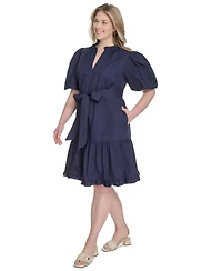Vince Camuto Plus Cotton Puff-Sleeve Tie-Waist Dress