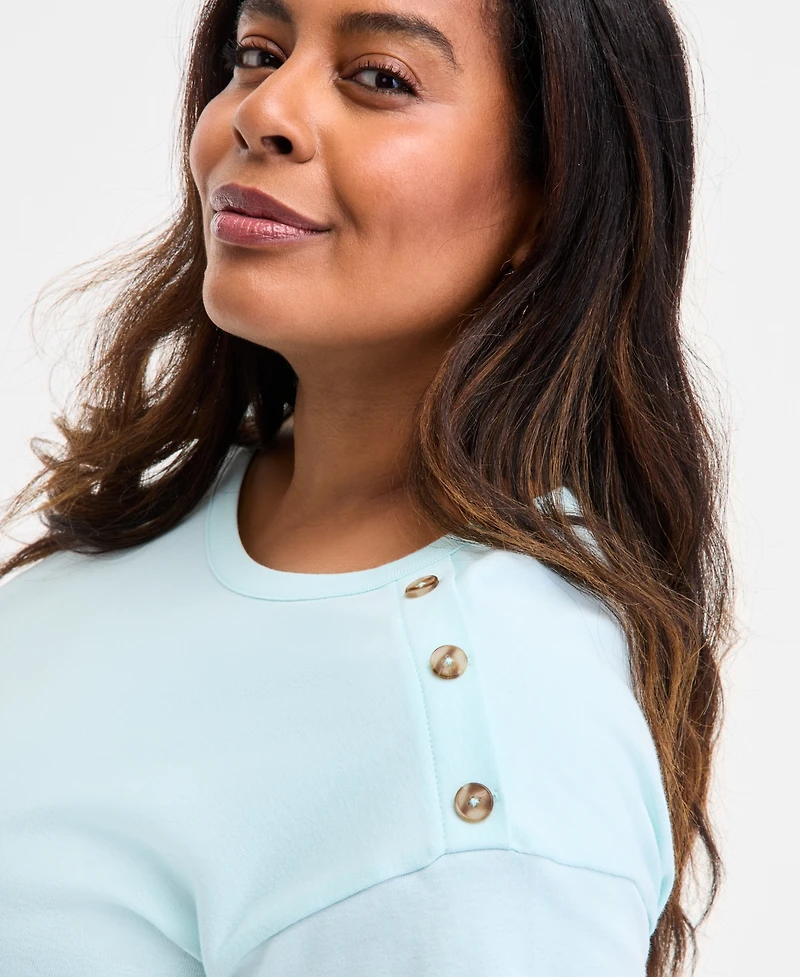 Style & Co Plus Crewneck Button-Trim-Shoulder Cotton Top, Exclusively at Macy's
