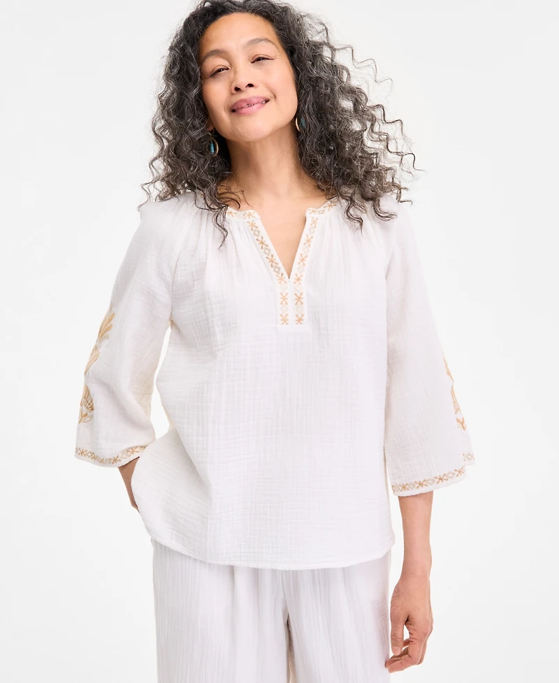 Style & Co Petite Cotton Embroidered Flare-Sleeve Top, Exclusively at Macy's