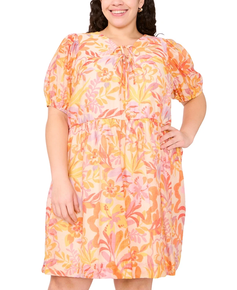 Msk Plus Printed Tie-Neck Short-Sleeve Dress