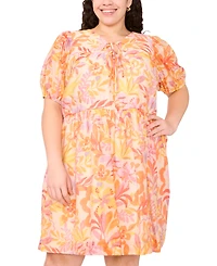 Msk Plus Printed Tie-Neck Short-Sleeve Dress