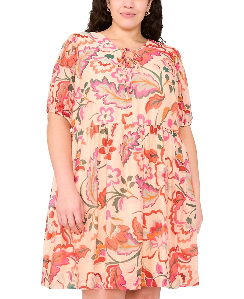 Msk Plus Printed Tie-Neck Short-Sleeve Dress