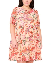 Msk Plus Printed Tie-Neck Short-Sleeve Dress