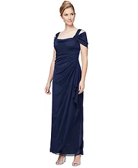 Alex Evenings Petite Cold-Shoulder Draped Metallic Gown
