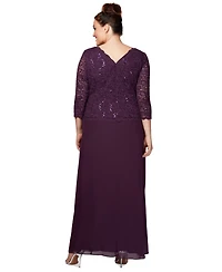 Alex Evenings Plus Sequined Scalloped Edge Lace Top Gown