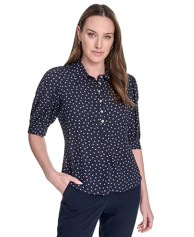 Tommy Hilfiger Women's Printed Point Collar Puff-Sleeve Blouse