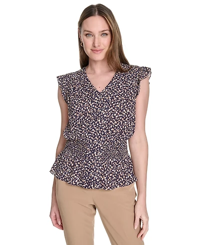 Tommy Hilfiger Women's Printed Smocked-Waist Flutter-Sleeve Blouse