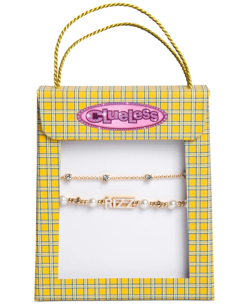 Clueless Gold-Tone 2-Pc. Set Crystal Slider & Rizz Imitation Pearl Beaded Stretch Bracelets