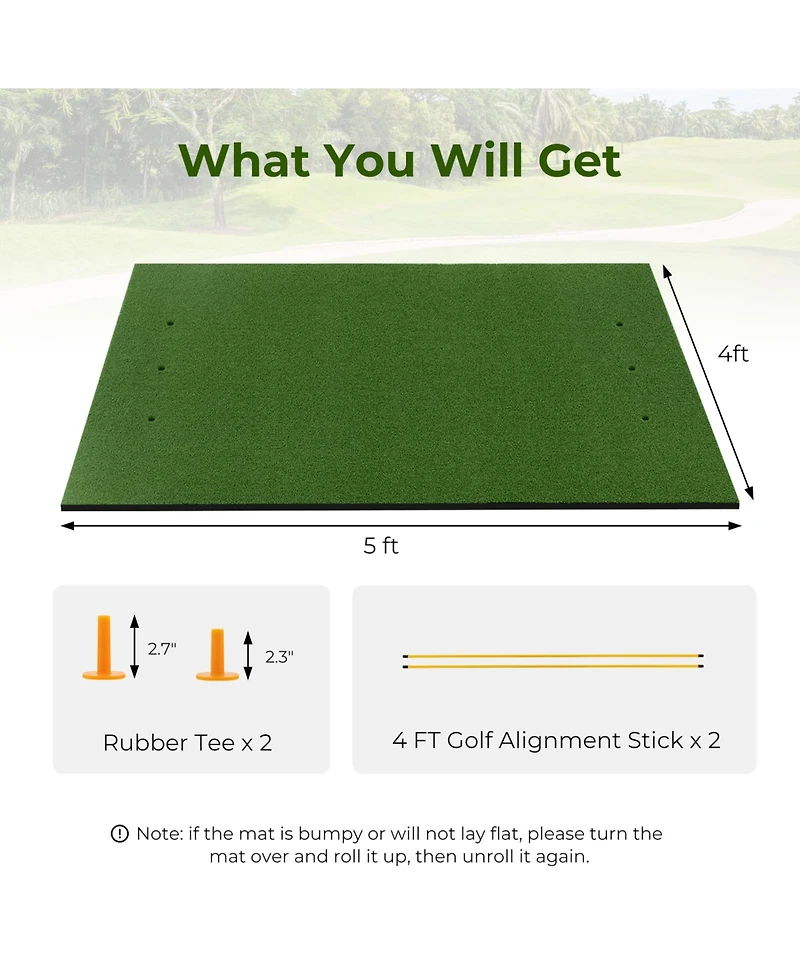 25mm Artificial Turf Golf Practice Mat with 2 Rubber Tees and 2 Alignment Sticks, Portable Indoor/Outdoor