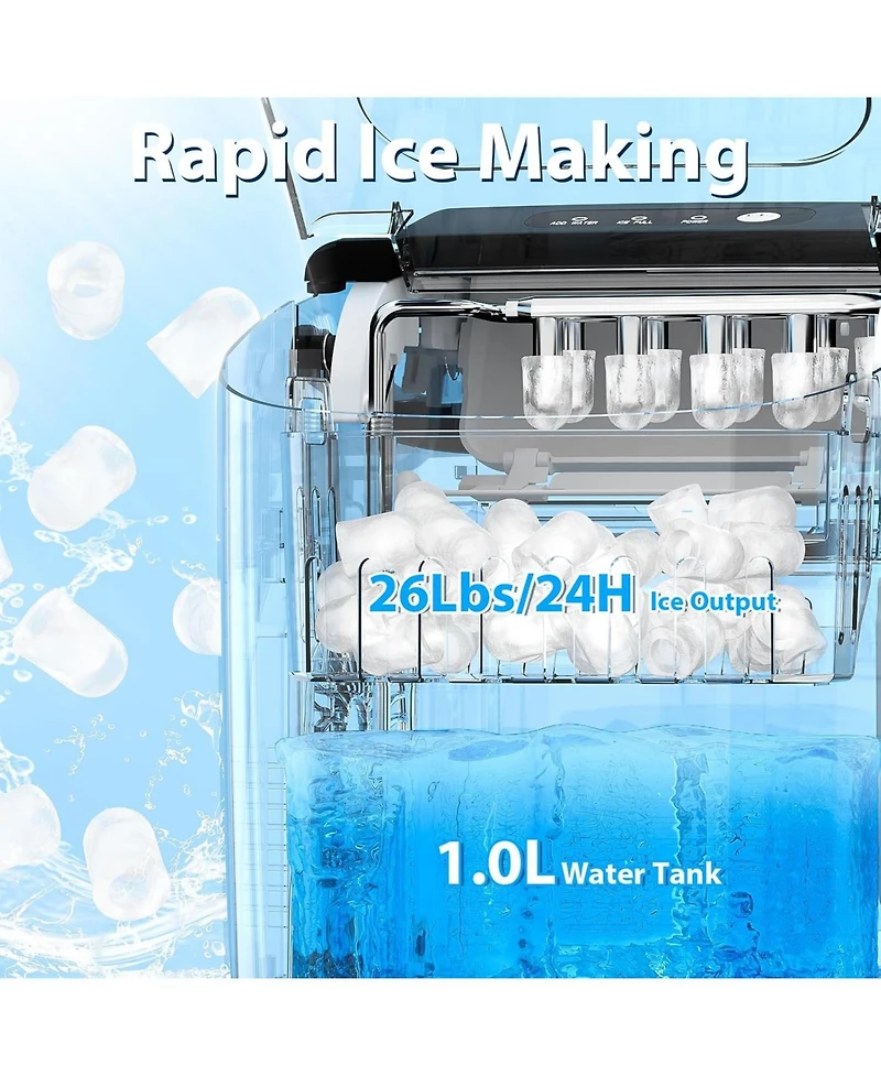 Zafro Countertop Ice Maker, Portable Machine with Self-Cleaning, 26.5 lbs/24H, Fast 9 Bullet Cubes 6 Mins, Compact Maker Basket &