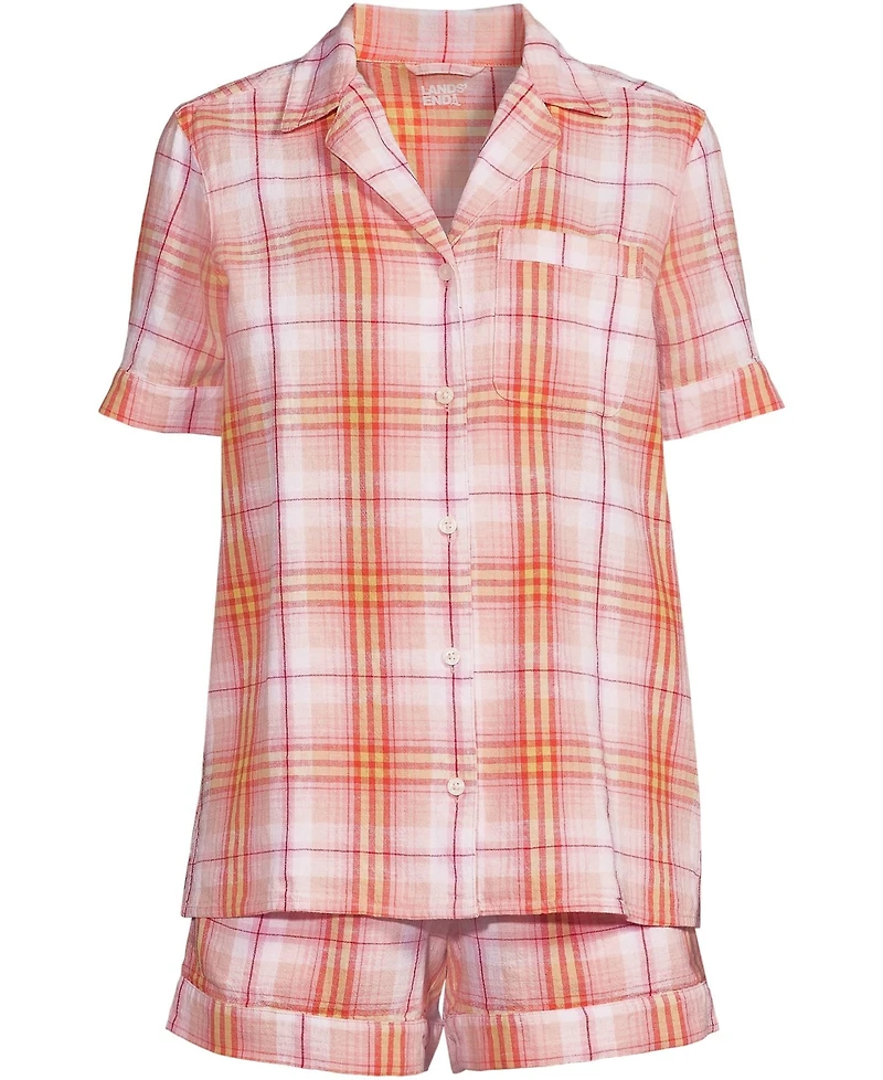 Lands' End Women Linen 2 Piece Pajama Set - Short Sleeve Top and Shorts