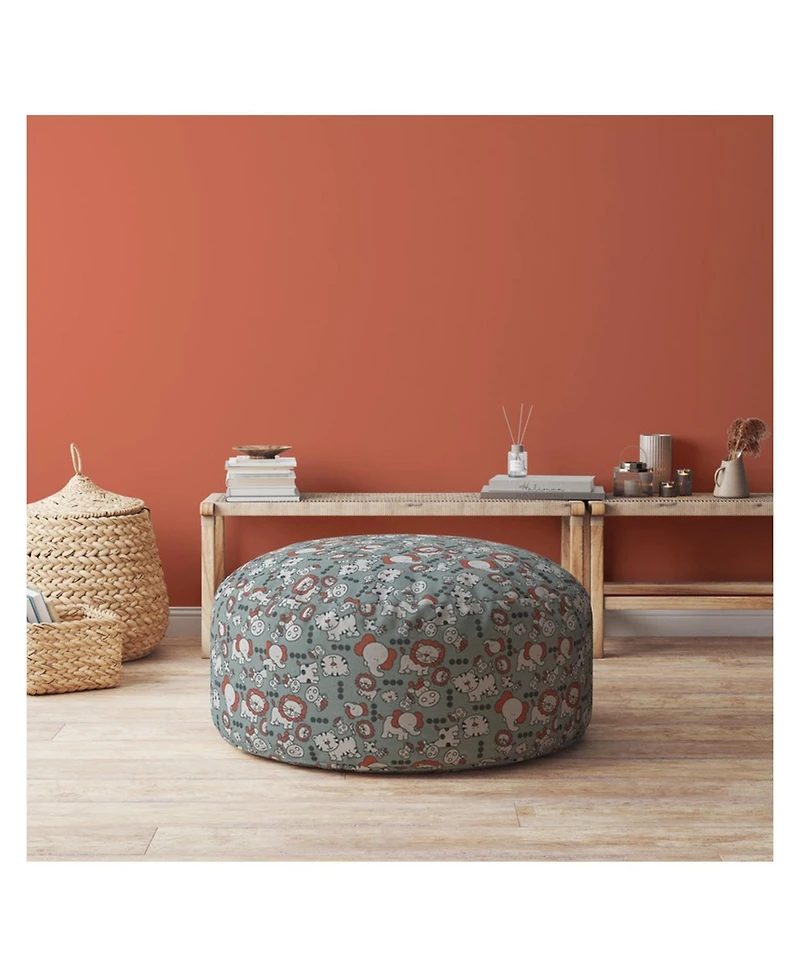 24" Gray and White Cotton Round Animal Print Pouf Ottoman