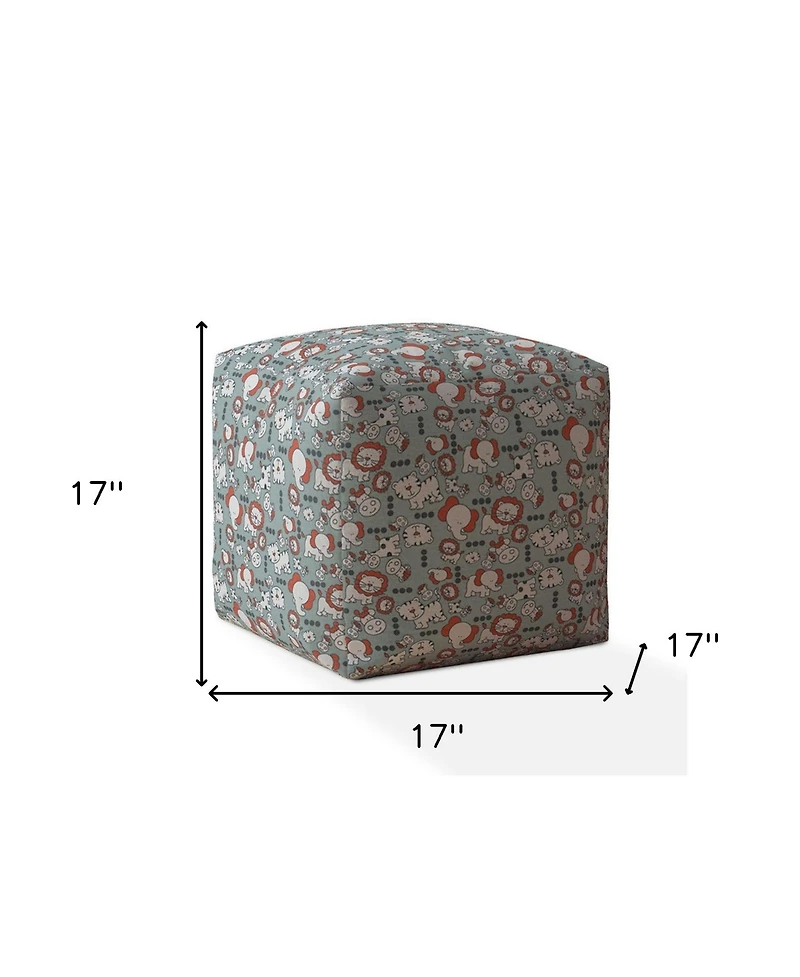 17" Gray and White Cotton Animal Print Pouf Ottoman