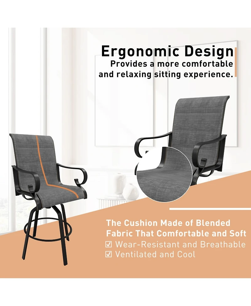 2-Piece Aluminium Frame Outdoor Swivel Chairs Bar Stool with Cushion Teslin Patio Dining Chair Rotatable Chairs