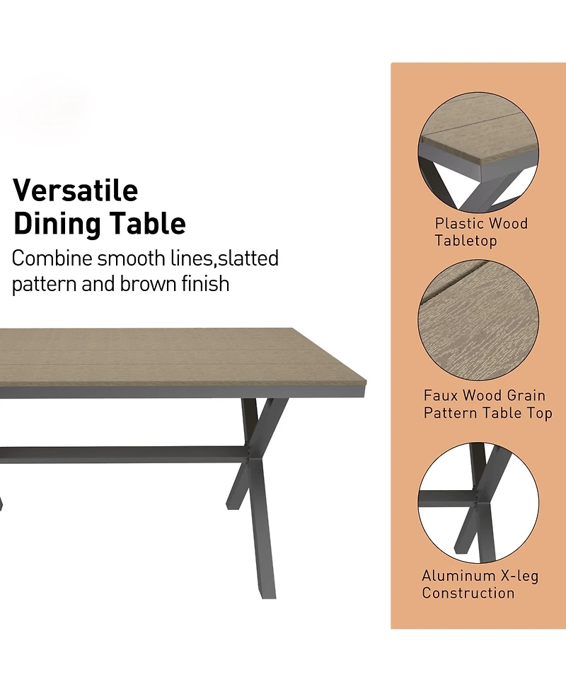 59 Inch Rectangular Outdoor Dining Table Imitation Wood Grain Aluminium Frame Patio Table, Black