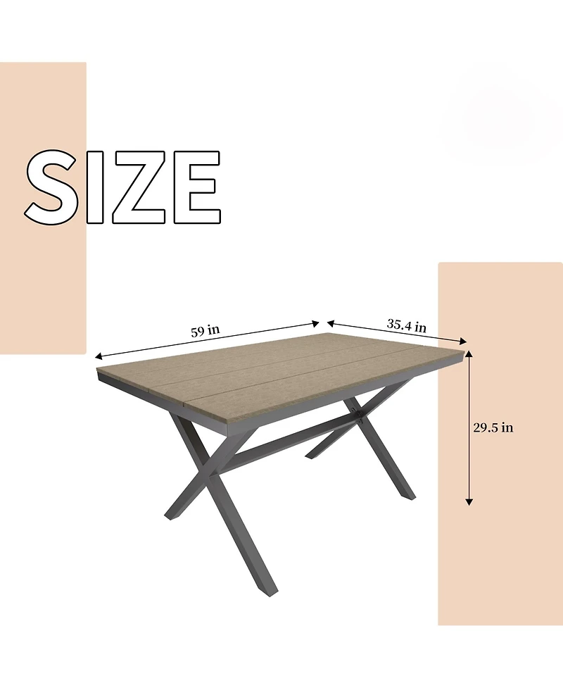 59 Inch Rectangular Outdoor Dining Table Imitation Wood Grain Aluminium Frame Patio Table, Black