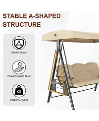 Steel 3 Person Patio Swing Chair Swinging Outdoor with Removable Mat, Cushion and Convertible Canopy, Navy Blue