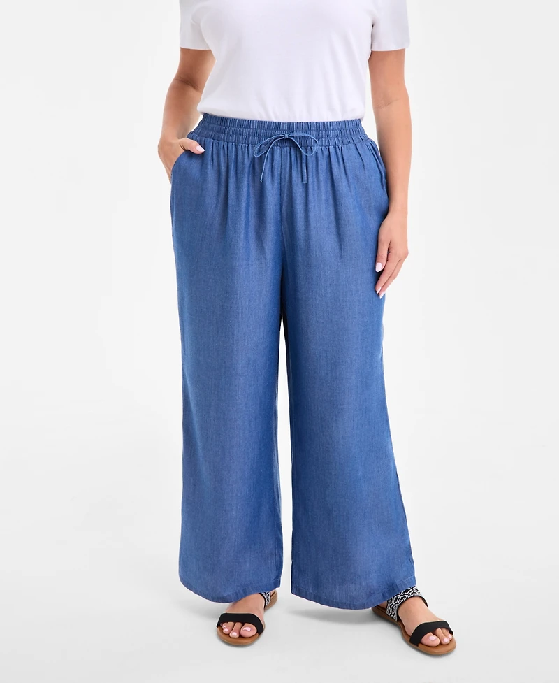 Style & Co Plus Chambray Drawstring High-Rise Wide-Leg Pants, Exclusively at Macy's