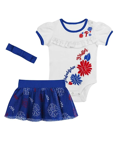 Outerstuff Newborn 3-Piece White/Royal Philadelphia Phillies Sweet Catcher Bodysuit, Headband and Skirt Set