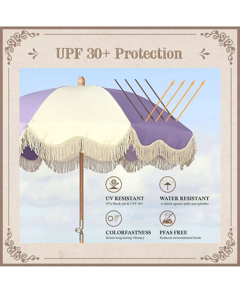 LAGarden Palm Springs 6Ft Patio Floral Fringe Umbrella with Tassel Carry Bag Outdoor Vintage Wood Garden Parasol Purple