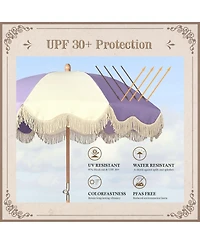 LAGarden Palm Springs 6Ft Patio Floral Fringe Umbrella with Tassel Carry Bag Outdoor Vintage Wood Garden Parasol Purple