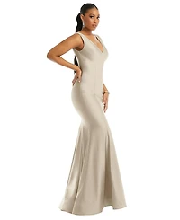 Cynthia & Sahar Women's Shirred Shoulder Stretch Satin Mermaid Dress with Slight Train